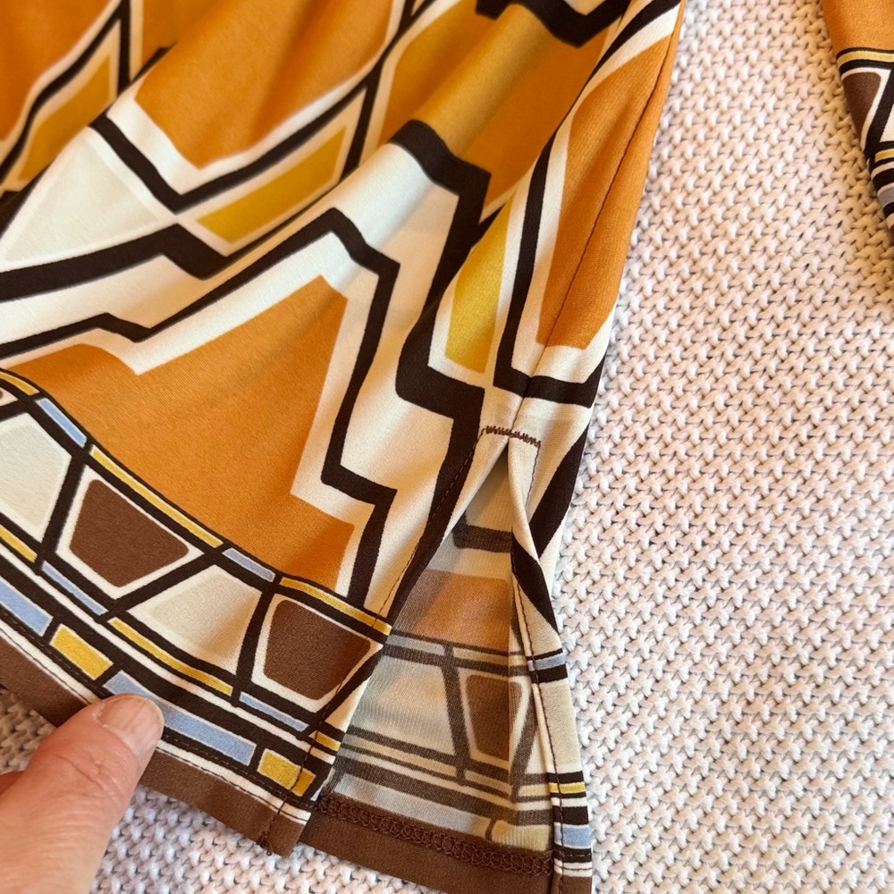 CHICO’S Yellow Gold White & Brown Geometric Blouse Tunic Top - Picture 7 of 16